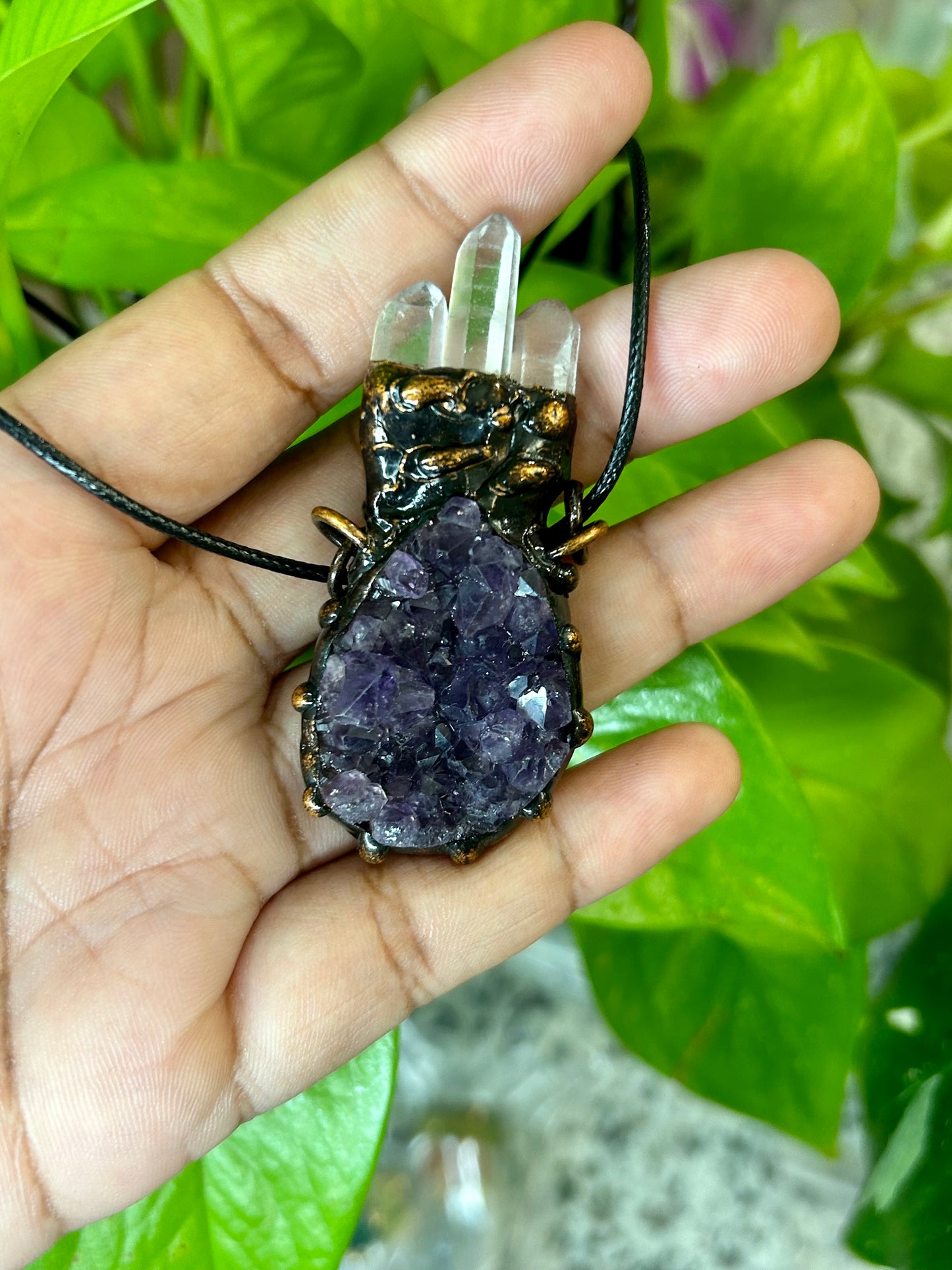 Amethyst Geode and Clear Quartz point necklace