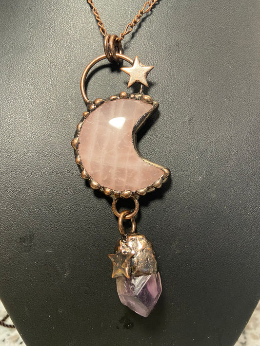 Rose Quartz moon with amethyst