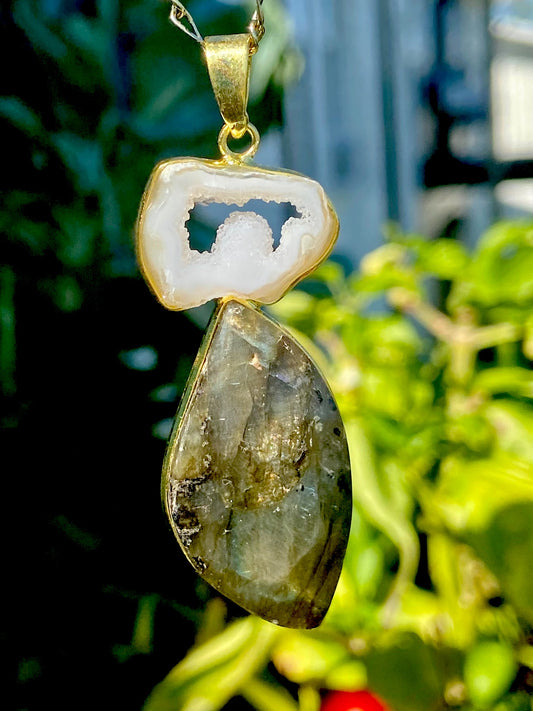 Labradorite and druzy slice necklace