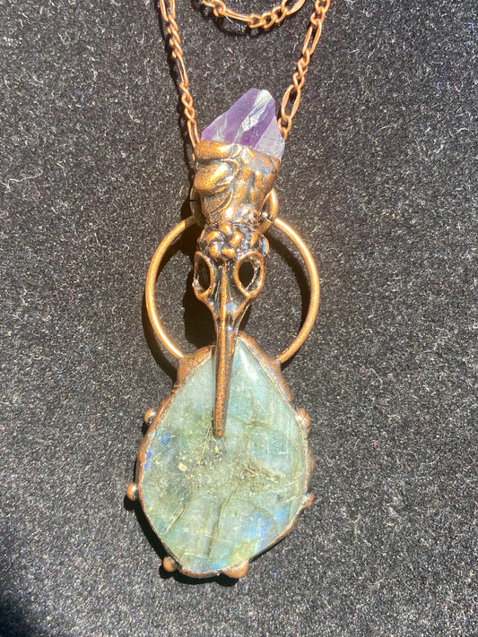Labradorite Bird Skull necklace